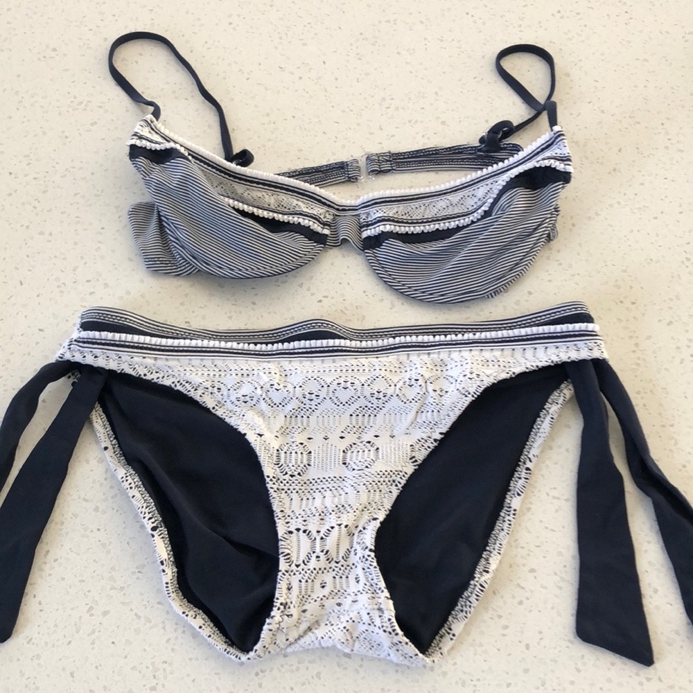 Blue and white lace bikini